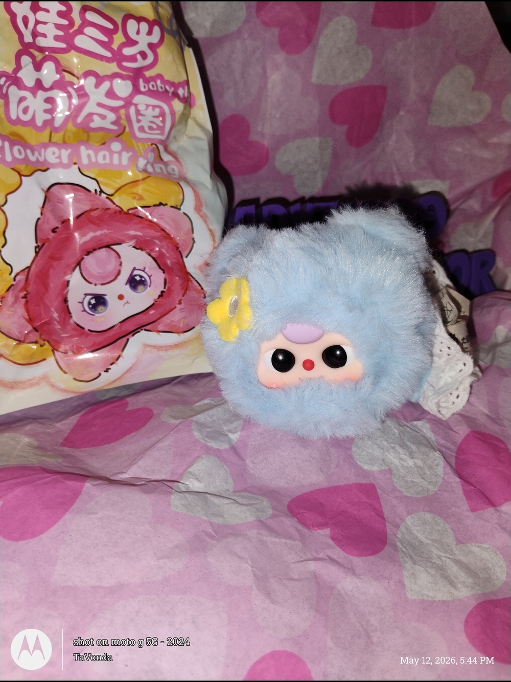 Plush Blue Pom-Pom Flower Hair Scrunchie